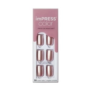KISS imPRESS No Glue Mani Press On Nails, Color, ‘Champagne Pink’, Pink, Short Size, Squoval Shape, Includes 30 Nails, Prep Pad, Instructions Sheet, 1 Manicure Stick, 1 Mini File