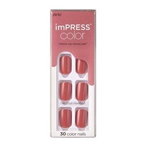 KISS imPRESS No Glue Mani Press On Nails, Color, ‘Platonic Pink’, Pink, Short Size, Squoval Shape, Includes 30 Nails, Prep Pad, Instructions Sheet, 1 Manicure Stick, 1 Mini File