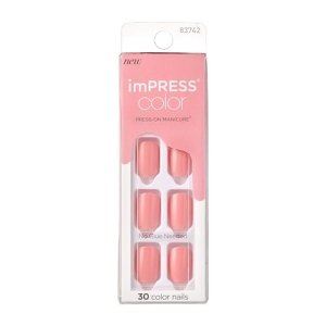 KISS imPRESS No Glue Mani Press On Nails, Color, ‘Pretty Pink’, Pink, Short Size, Squoval Shape, Includes 30 Nails, Prep Pad, Instructions Sheet, 1 Manicure Stick, 1 Mini File