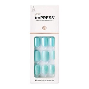 KISS imPRESS No Glue Mani Press On Nails, Design, ‘Rain Check’, Blue, Short Size, Squoval Shape, Includes 30 Nails, Prep Pad, Instructions Sheet, 1 Manicure Stick, 1 Mini File