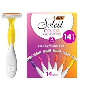 BIC Soleil Smooth Colors Women’s Disposable Razors With Aloe Vera and vitamin E Lubricating Strip for Enhanced Glide, With 3 Blades, 14 Count